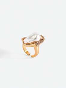 Opalesca 1 Pc Exaggerated Baroque Pearl Geometric Rhinestone Adjustable Vintage Ring, Fashionable & Luxurious,Outfits,Old Money,Wedding/Bridal Accessories,Western Jewelry,Fairycore/Fairy,Pearl,Fall/Autumn/Winter,Elegant - Yellow Gold - View 5