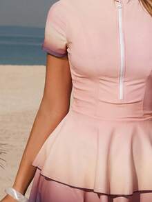 Swim Mulvari Women's Summer Vacation Casual Beach Outfit, Pink Ombre Printed Zipper Front 2-Piece Swimsuit Set With Shorts,Modest Burkini - Multicolor - View 4