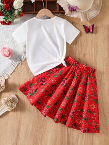 SHEIN 2pcs/Set Young Girls'Funny Middle Eastern Girl Print Short Sleeve T-Shirt&Rose Pleated Maxi Skirt,Summer,Family Matching Elegant Daily Outfit - Multicolor - View 2