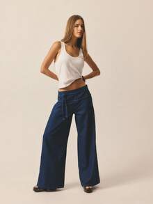 Aralina Jeans de mezclilla de talle bajo, ancho, ajuste holgado y elegante con cintura de lujo para mujer, perfectos para outfits de fiesta de Navidad y Año Nuevo - Azul lavado oscuro - Ver 4