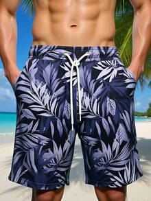 Manfinity Swimmode Men's Tropical Plant Print Drawstring Waist Pocket Casual Fashion Beach Shorts Mens Bathing Suits Men Swim Trunk Men Beachwear Hawaiian Shorts For Men Tropical Men Clothes Men Swim Trunks Tropical Men Shorts Men Bathing Suits Hawaiian Shorts Men - Purple - View 1