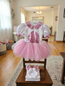 Conjunto para niña estilo conejita adorable, vestido rosa con tela brillante y falda de tul, material suave y cómodo, detalle de moño, falda amplia tipo princesa, cuello Peter Pan, manga corta tipo globo, primavera/verano, disfraz ideal para fiestas, presentaciones y Halloween - Blanco - Ver 2