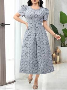 Feyla Gaun Wanita Motif Bunga Jacquard Leher Bulat Lengan Mengembang Elegan Panjang Sedang - Abu-abu Biru - View 6