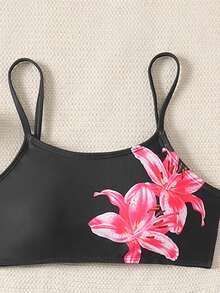 SHEIN Bộ đồ bơi in hoa thoải mái, vừa vặn cho bé gái tuổi teen - màu đen - Xem 4