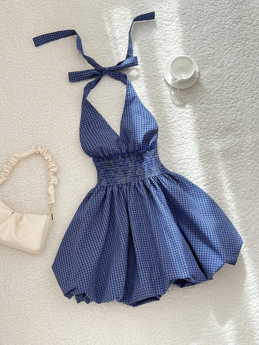 Elamini Women's Blue Halter Neck Ruffle Tie Plaid Midi Dress - Blue - View 1