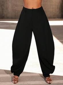 Vixey High Waisted Barrel Office Pants With Gold Button Cuffs - Black - View 2