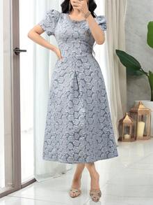 Feyla Gaun Wanita Motif Bunga Jacquard Leher Bulat Lengan Mengembang Elegan Panjang Sedang - Abu-abu Biru - View 4