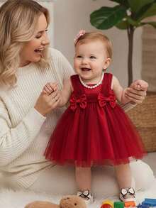 SHEIN Cute & Elegant Red Mesh Bow Sleeveless Dress For Baby Girl - Red - View 9