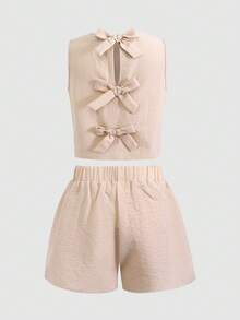 SHEIN 少女纯色蝴蝶结装饰吊带背心和短裤可爱套装 - 杏色 - 查看 4
