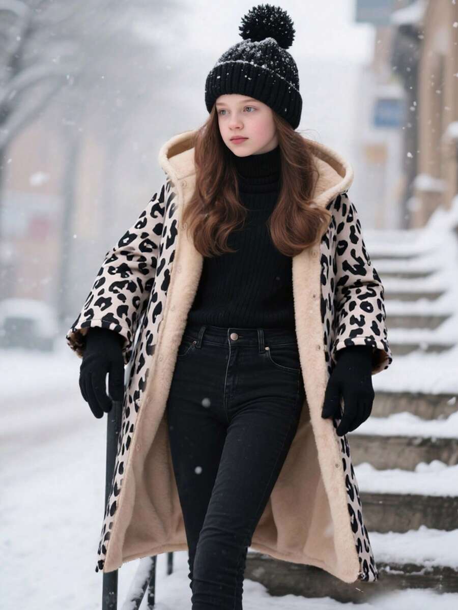 SHEIN 适合青少年女孩的超大印花连帽户外抓绒外套 - 杏色 - 查看 1