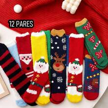 12 pares de calcetines navideños de pelo de coral con diseños animados de animales, calcetines para dormir, peludos, hogareños y para suelo - 12 pares de colores mixtos - Ver 3