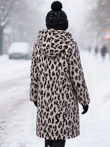 SHEIN 适合青少年女孩的超大印花连帽户外抓绒外套 - 杏色 - 查看 2