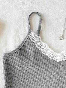 SHEIN Tween Girl White Lace Ballet Style Ribbed Camisole - Grey - View 4