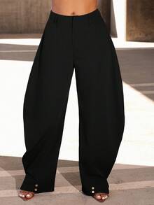 Vixey High Waisted Barrel Office Pants With Gold Button Cuffs - Black - View 3