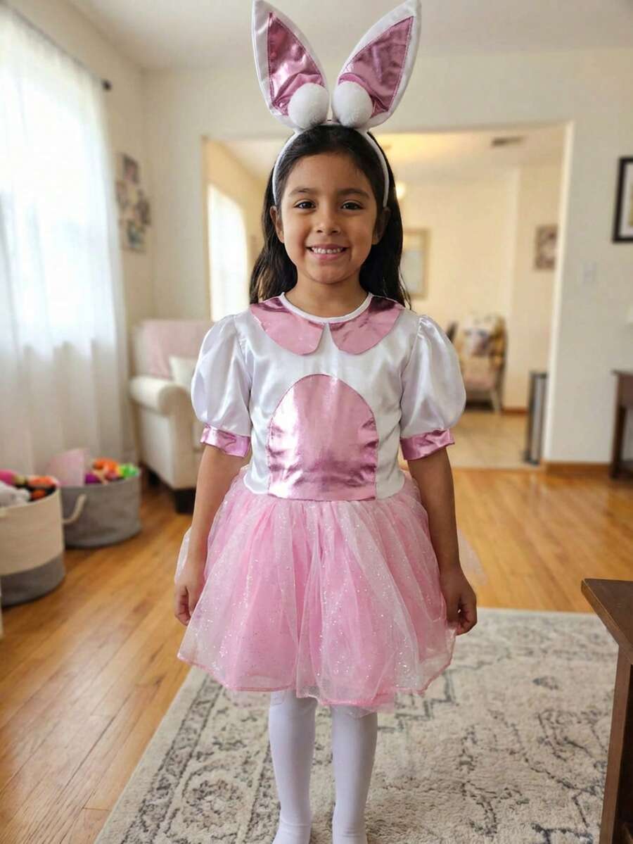 Conjunto para niña estilo conejita adorable, vestido rosa con tela brillante y falda de tul, material suave y cómodo, detalle de moño, falda amplia tipo princesa, cuello Peter Pan, manga corta tipo globo, primavera/verano, disfraz ideal para fiestas, presentaciones y Halloween - Blanco - Ver 1