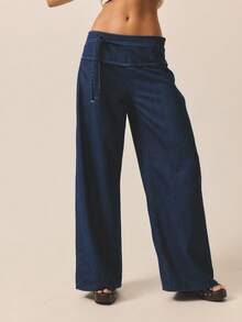 Aralina Jeans de mezclilla de talle bajo, ancho, ajuste holgado y elegante con cintura de lujo para mujer, perfectos para outfits de fiesta de Navidad y Año Nuevo - Azul lavado oscuro - Ver 5