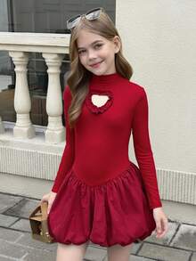 Leap Crew Vestido ajustado de cuello redondo de punto con parches y dobladillo de farol para adolescentes, falda larga elegante con pantalones cortos incorporados, adecuado para otoño/invierno, color rojo adecuado para Navidad, fiestas, escuela, cumpleaños, vestido de princesa, a juego madre-hija - Rojo - Ver 1