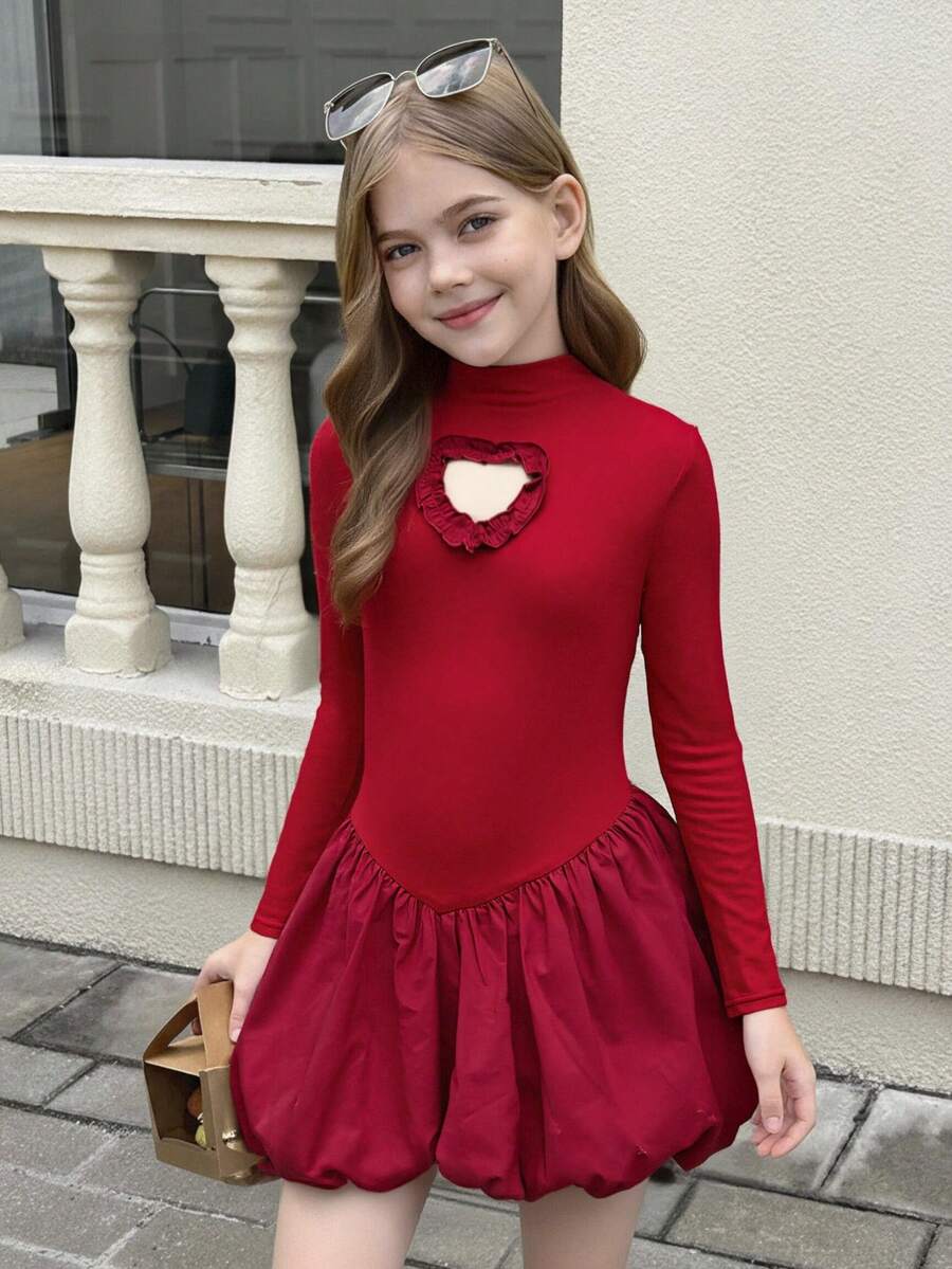 Leap Crew Vestido ajustado de cuello redondo de punto con parches y dobladillo de farol para adolescentes, falda larga elegante con pantalones cortos incorporados, adecuado para otoño/invierno, color rojo adecuado para Navidad, fiestas, escuela, cumpleaños, vestido de princesa, a juego madre-hija - Rojo - Ver 1