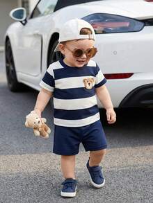 SHEIN 0-3岁婴幼儿男女通用夏季蓝杏条纹圆领短袖上衣搭配纯蓝色短裤套装，休闲运动风，适合户外、室内玩耍、亲子活动、夏季派对等场合。 - 寶藍色 - 查看 10