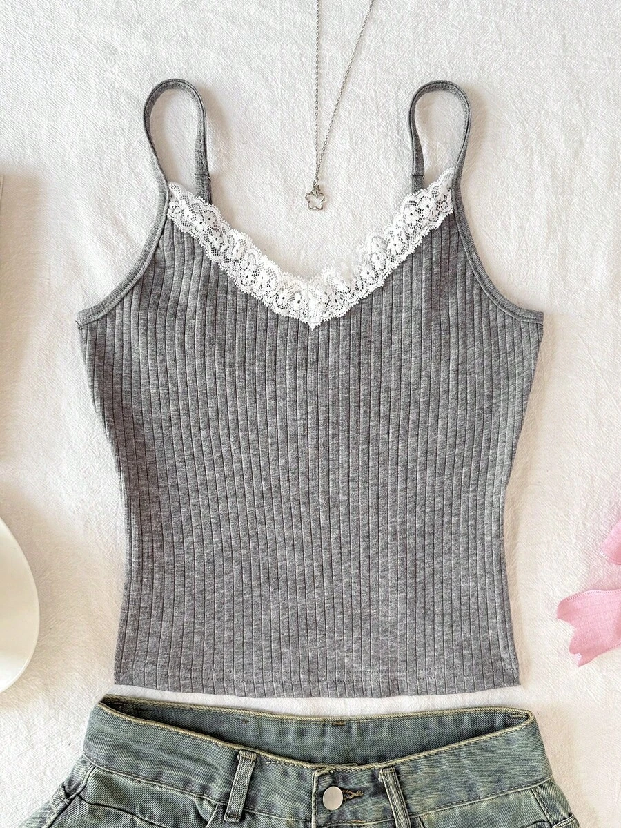 SHEIN Tween Girl White Lace Ballet Style Ribbed Camisole - Grey - View 1