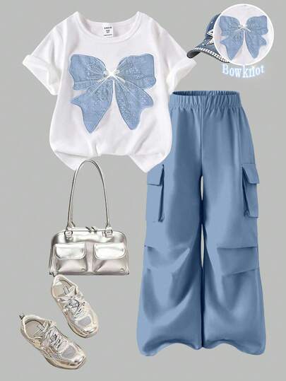 SHEIN ChillGRL 2件套少女休闲T恤和工装裤套装，蝴蝶刺绣图案圆领短袖T恤和裤子，春夏时尚套装