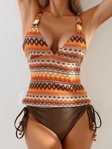 Swim Vcay 女士夏季度假休闲沙滩装彩色波浪图案吊带泳衣两件套，系带收腹高腰短裤泳装 - 彩色 - 查看 6