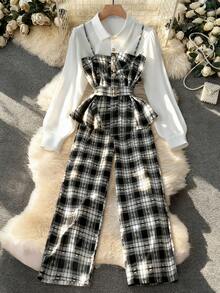 DreamSkyne Bộ 2 món áo sơ mi tay dài kẻ caro cài nút cổ bẻ thắt lưng và quần ống rộng cho nữ, thích hợp mặc đi làm, mùa thu/đông - Nhiều màu - Xem 8