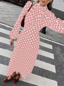 Pariaura 女士立领灯笼袖优雅收腰波点连衣裙 - 粉色 - 查看 4