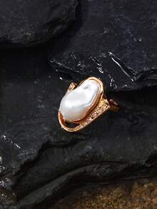 Opalesca 1 Pc Exaggerated Baroque Pearl Geometric Rhinestone Adjustable Vintage Ring, Fashionable & Luxurious,Outfits,Old Money,Wedding/Bridal Accessories,Western Jewelry,Fairycore/Fairy,Pearl,Fall/Autumn/Winter,Elegant - Yellow Gold - View 3