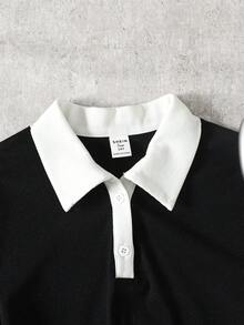 SHEIN Váy chắp vá màu tương phản, tối giản, thoải mái, vừa vặn cho bé gái tuổi teen - màu đen - Xem 4