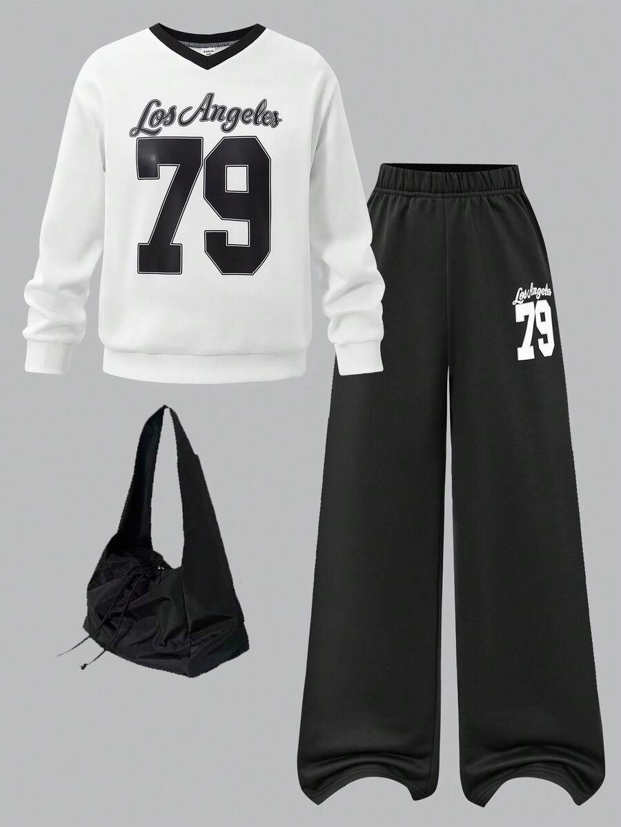 SHEIN 2件套女童休闲运动数字印花套头卫衣，美式秋冬款 - 黑與白 - 查看 1