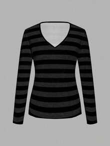Attitoon Vintage Streetwear Black White Gray Striped Knit V-Neck Loose Long Sleeve T-Shirt For Plus Size Women, Suitable For Autumn New Arrival Women Clothing Women Long Sleeve Tops Striped Long Sleeve Stripe Top - Multicolor - View 3