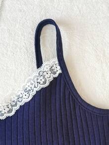 SHEIN Tween Girl Navy Ribbed White Lace Ballet Style Camisole - Blue - View 4