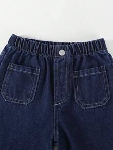 Young Girls Casual Style Denim Jeans, Deep Blue Color, Dual Pockets Design, Loose Wide Leg Fit, Soft & Comfortable Fabric, Suitable For School, Commute, And Daily Wear, Spring/Summer/Autumn/Winter - Dark Wash - View 6