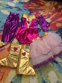 Conjunto para niña estilo superhéroe de fantasía, vestido con tul y estampado de corazones brillantes, confección metálica luminosa, material suave y cómodo, falda amplia vaporosa, escote tipo palabra de honor, sin mangas, primavera/verano, disfraz ideal para fiestas, presentaciones y Halloween - Rosa - Ver 3