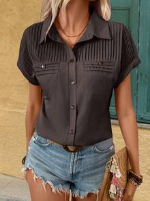 SHEIN LUNE 女士纯色蝙蝠袖单排扣褶裥休闲衬衫 女士短袖衬衫 女士商务休闲衬衫 女士西部衬衫 - 咖啡棕 - 查看 4