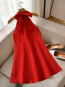 SHEIN 少女红色情人节仿珍珠装饰吊带裙 - 紅色 - 查看 5