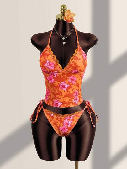 Zestiva 女士夏季度假休闲沙滩装热带花卉印花无肩带抹胸系带露背吊带比基尼蕾丝边两件套泳衣