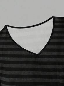 Attitoon Vintage Streetwear Black White Gray Striped Knit V-Neck Loose Long Sleeve T-Shirt For Plus Size Women, Suitable For Autumn New Arrival Women Clothing Women Long Sleeve Tops Striped Long Sleeve Stripe Top - Multicolor - View 4