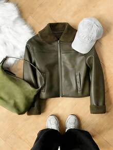 INAWLY 女士仿毛皮内衬长袖外套，秋冬季 - 綠色 - 查看 4