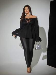 Viva Relle 大码女式撞色蕾丝露肩长袖时尚衬衫 - 黑色 - 查看 3