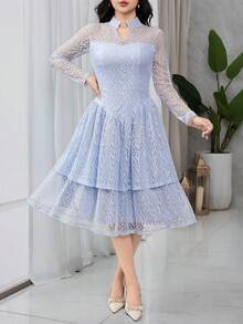 Feyla Women's V-Neck Long Sleeve Ruffle Hem Elegant Lace Mid-Length Dress - Baby Blue - View 5