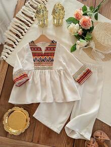 SHEIN Baby Girl Vacation Casual Apricot Patchwork Retro Pattern Long Sleeve Shirt & Elastic Waist Pants Set - Apricot - View 8