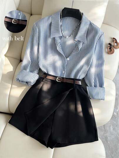 Franclia 女士条纹长袖纽扣衬衫和系带短裙休闲套装