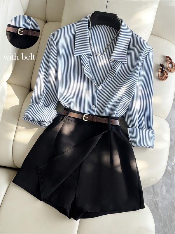 Franclia 女士条纹长袖纽扣衬衫和系带短裙休闲套装