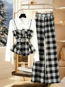 DreamSkyne Bộ 2 món áo sơ mi tay dài kẻ caro cài nút cổ bẻ thắt lưng và quần ống rộng cho nữ, thích hợp mặc đi làm, mùa thu/đông - Nhiều màu - Xem 1