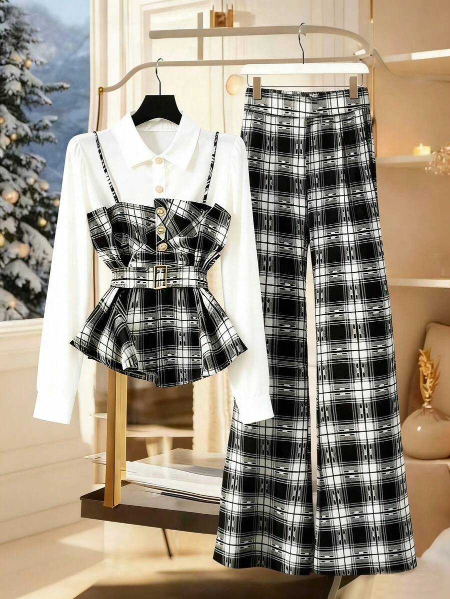 DreamSkyne Bộ 2 món áo sơ mi tay dài kẻ caro cài nút cổ bẻ thắt lưng và quần ống rộng cho nữ, thích hợp mặc đi làm, mùa thu/đông - Nhiều màu - Xem 1