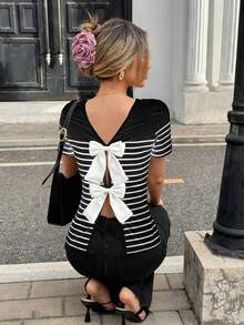 Pariaura 条纹印花露背蝴蝶结装饰女式T恤 - 黑色 - 查看 2