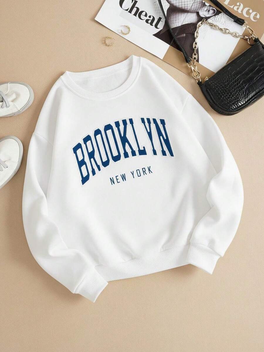 Sudadera de cuello redondo Brooklyn New York NY para mujer, cálida y suave, hecha en México - Blanco - Ver 1
