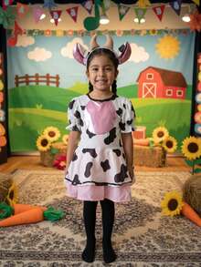 Conjunto para niña estilo animal de granja, vestido con estampado de vaca y detalles brillantes, diadema con orejas adorables, tela suave y cómoda, falda amplia de corte A, cuello Peter Pan, manga corta tipo globo, primavera/otoño, disfraz ideal para fiestas, presentaciones y Halloween infantil - Multicolor - Ver 1